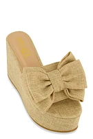 Womens Double Bow Band Wedge Slide Sandals, Beige,