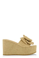 Womens Double Bow Band Wedge Slide Sandals, Beige,