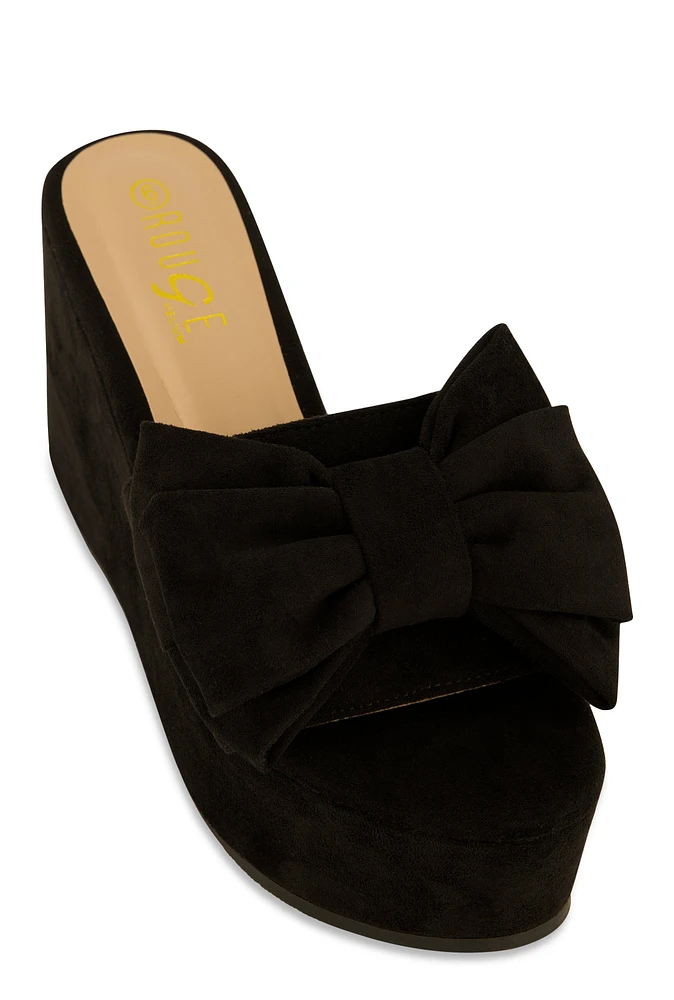 Womens Double Bow Band Wedge Slide Sandals, Black,