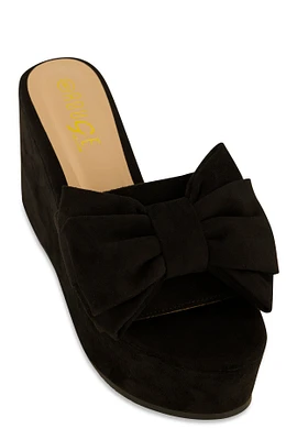 Womens Double Bow Band Wedge Slide Sandals, Black,