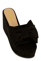 Womens Double Bow Band Wedge Slide Sandals, Black,