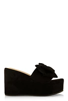 Womens Double Bow Band Wedge Slide Sandals, Black,