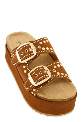 Womens Faux Suede Studded Platform Footbed Sandals, Brown, Size 10