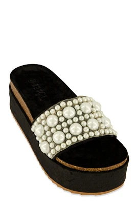 Womens Velvet Faux Pearl Band Platform Slide Sandals, Black,