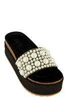 Womens Velvet Faux Pearl Band Platform Slide Sandals, Black,