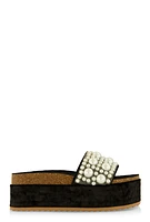 Womens Velvet Faux Pearl Band Platform Slide Sandals, Black,