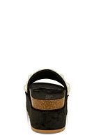 Womens Velvet Faux Pearl Band Platform Slide Sandals, Black,