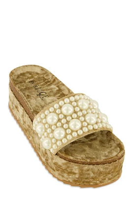 Womens Velvet Faux Pearl Band Platform Slide Sandals,