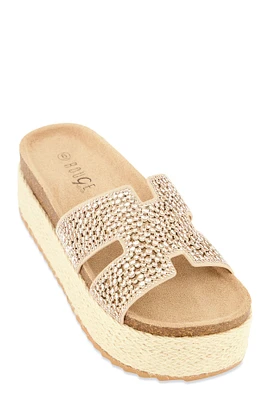 Womens Embellished Band Espadrille Platform Slide Sandals,