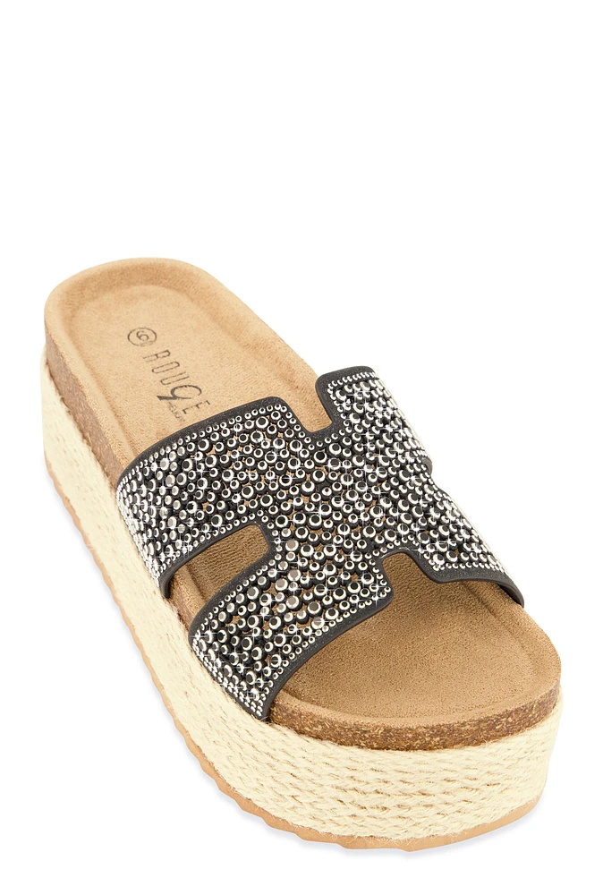 Womens Embellished Band Espadrille Platform Slide Sandals, Black,