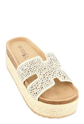 Womens Embellished Band Espadrille Platform Slide Sandals, White,