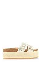 Womens Embellished Band Espadrille Platform Slide Sandals, White,