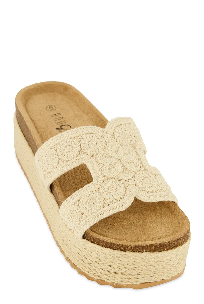 Womens Floral Crochet H Band Platform Footbed Sandals,