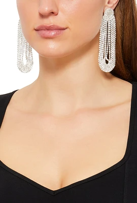 Womens Rhinestone Fringe Dangle Drop Earrings, Silver