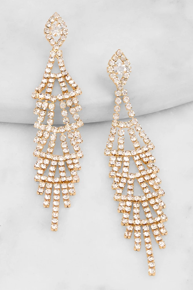 Womens Rhinestone Chandelier Drop Earrings, Gold