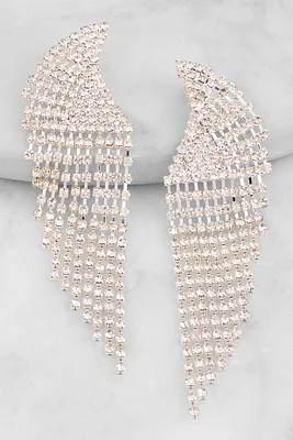 Womens Curved Rhinestone Fringe Drop Earrings, Silver