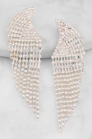 Womens Curved Rhinestone Fringe Drop Earrings, Silver