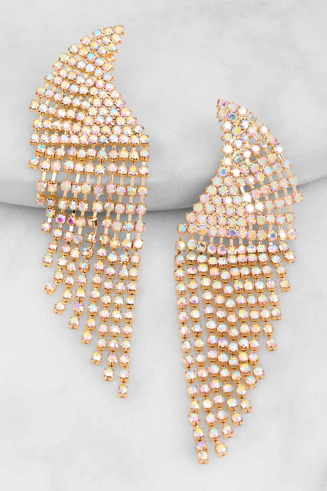 Womens Curved Rhinestone Fringe Drop Earrings, Gold