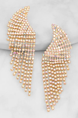 Womens Curved Rhinestone Fringe Drop Earrings, Gold