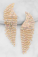 Womens Curved Rhinestone Fringe Drop Earrings, Gold