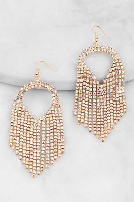 Womens Rhinestone Teardrop Fringe Earrings, Multi