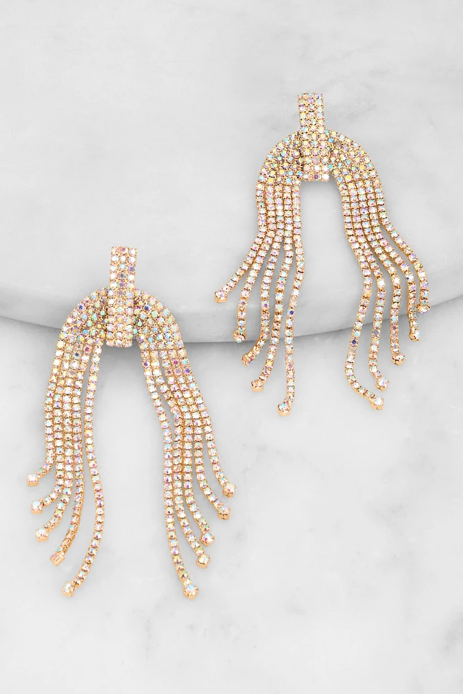 Womens Rhinestone Fringe Chandelier Earrings, Gold