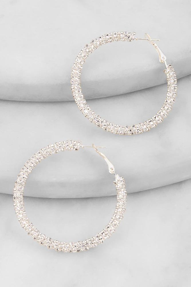 Womens Metallic Rhinestone Encrusted Hoop Earrings, Silver