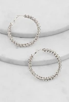 Womens Textured Rhinestone Embellished Hoop Earrings, Silver