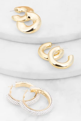 Womens Rhinestone Studded Chunky Hoop Earring Trio, Gold