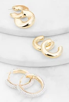 Womens Rhinestone Studded Chunky Hoop Earring Trio, Gold