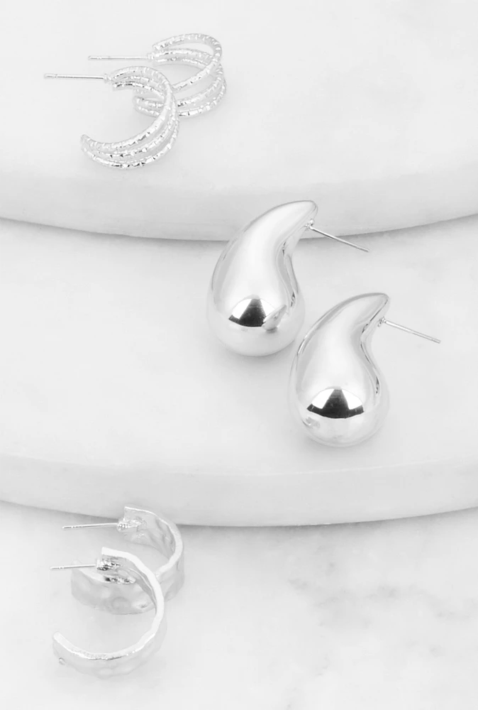 Womens Metallic Earrings Set of 3, Silver