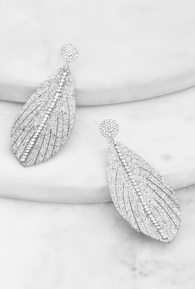Womens Rhinestone Detail Glitter Feather Earrings, Silver
