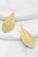 Womens Rhinestone Detail Glitter Feather Earrings, Gold