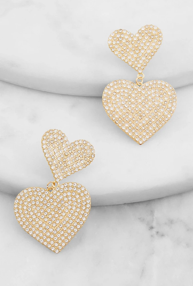 Womens Pave Rhinestone Heart Drop Earrings, Gold