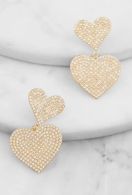 Womens Pave Rhinestone Heart Drop Earrings, Gold