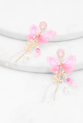 Womens Butterfly Rhinestone Drop Earrings, Pink