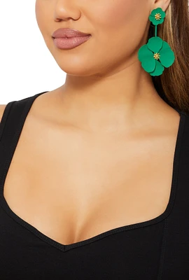 Womens Double Flower Drop Earrings, Green