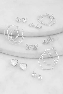 Womens Love Assorted Metallic Stud and Hoop Earrings Set of 9, Silver