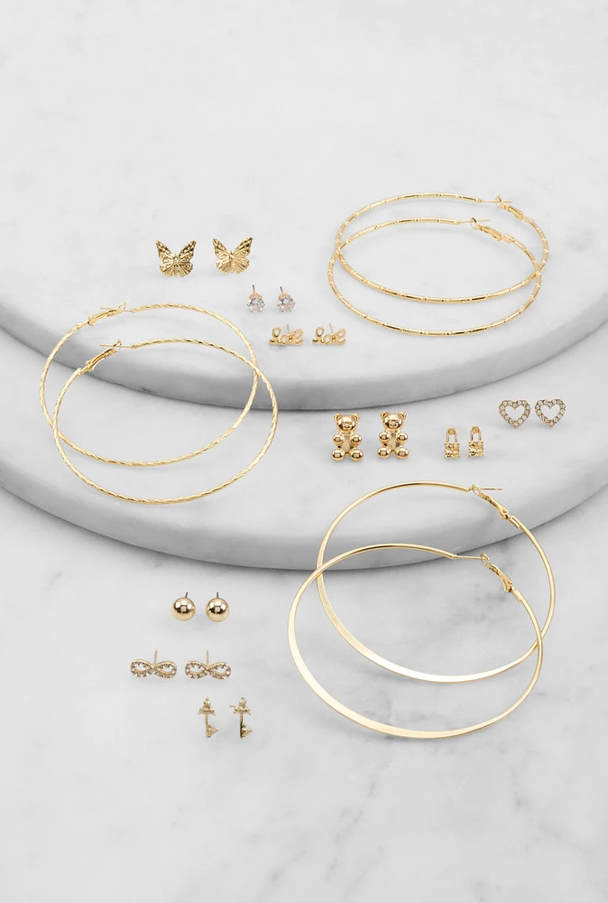 Womens Metallic Assorted Stud and Hoop Earrings Set of 12,