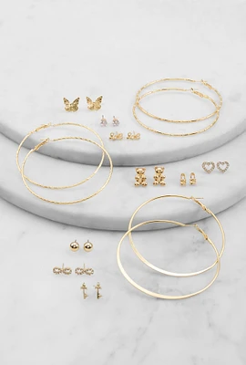 Womens Metallic Assorted Stud and Hoop Earrings Set of 12,