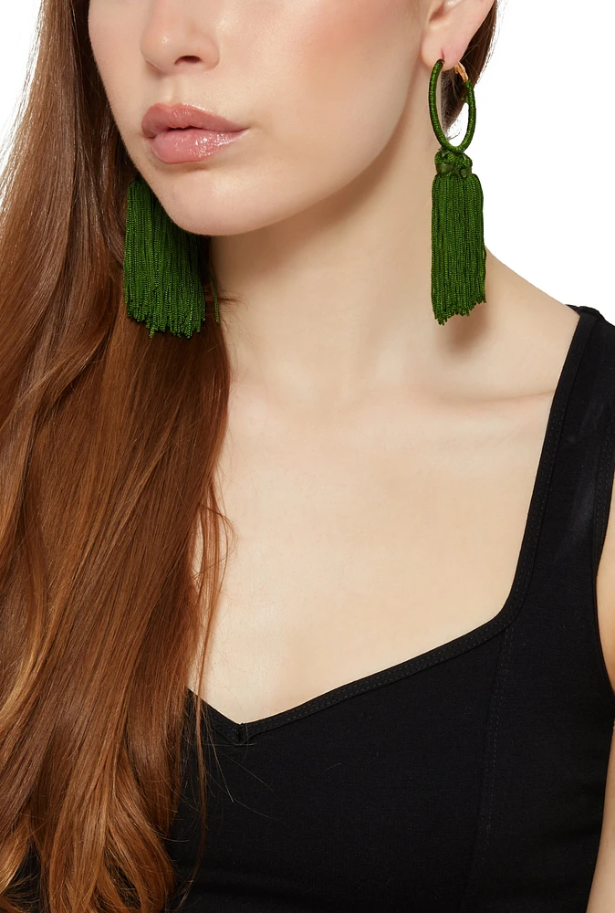 Womens Tassel Hoop Earrings, Green