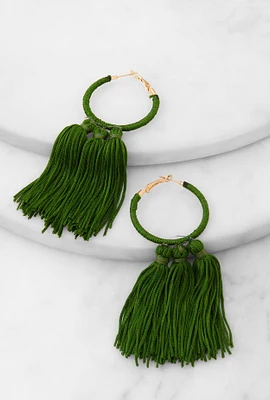 Womens Tassel Hoop Earrings, Green