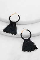 Womens Threaded Tassel Hoop Earrings, Black