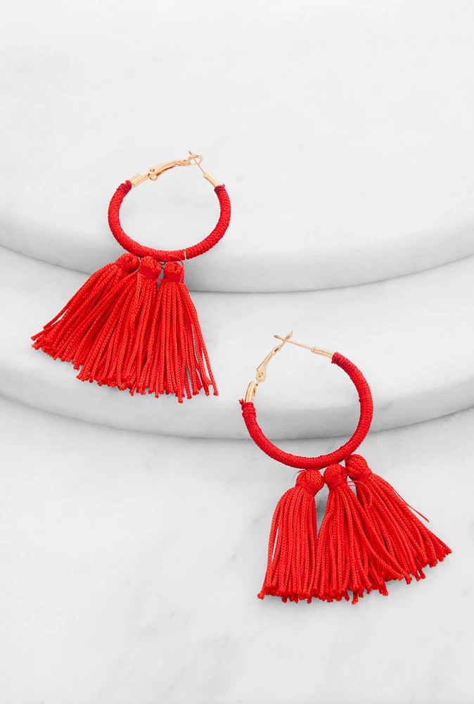 Womens Threaded Tassel Hoop Earrings, Red