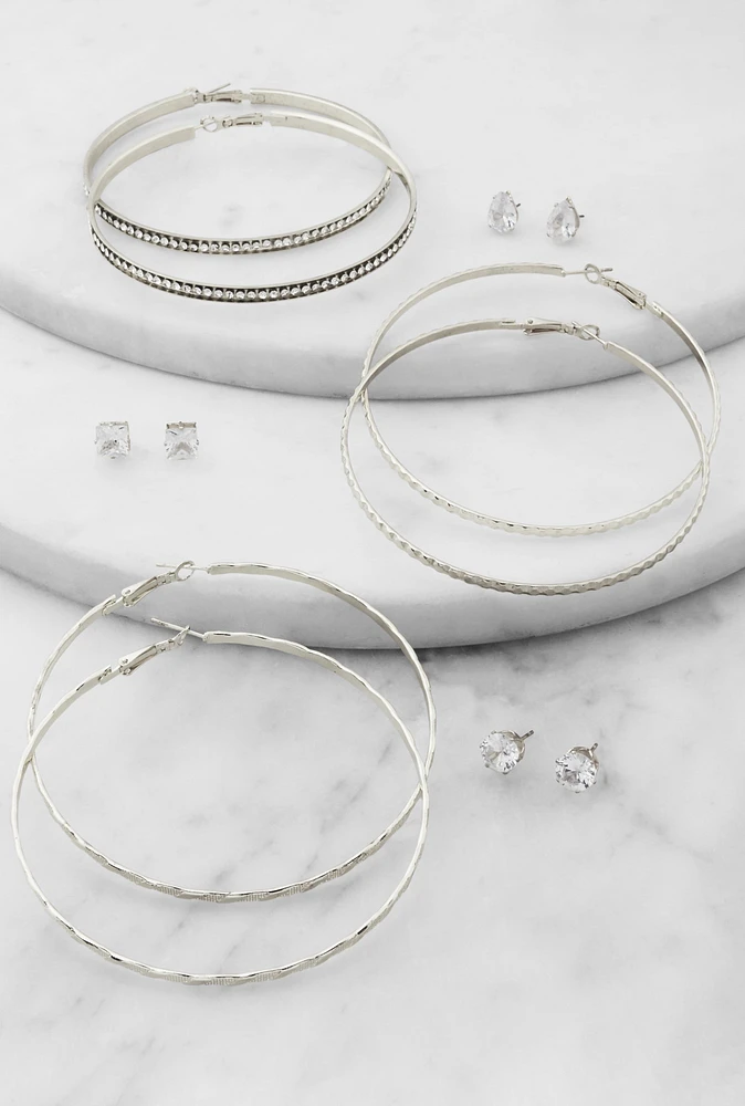 Womens Cubic Zirconia Stud and Hoop Earrings Set of 6, Silver
