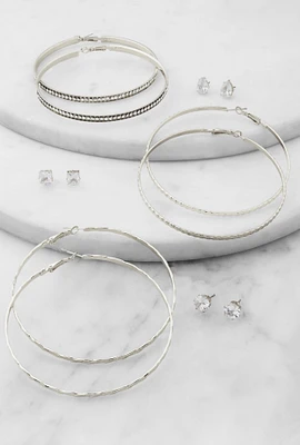 Womens Cubic Zirconia Stud and Hoop Earrings Set of 6, Silver