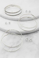 Womens Cubic Zirconia Stud and Hoop Earrings Set of 6, Silver