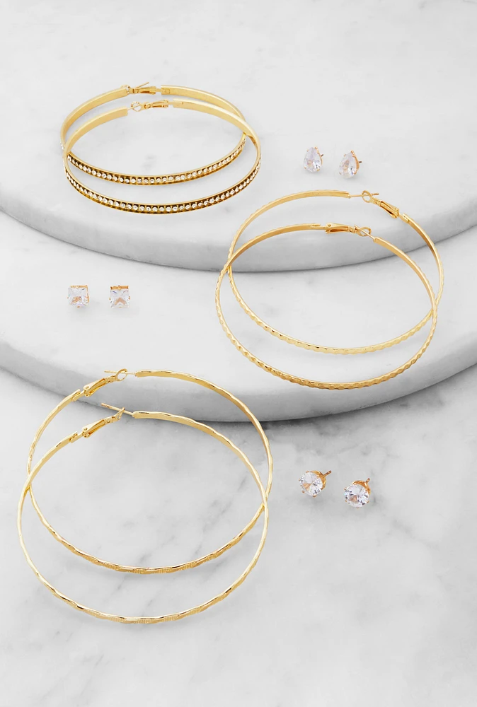 Womens Cubic Zirconia Stud and Hoop Earrings Set of 6,