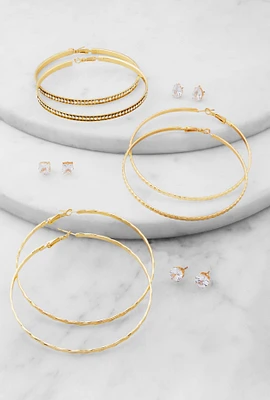 Womens Cubic Zirconia Stud and Hoop Earrings Set of 6,