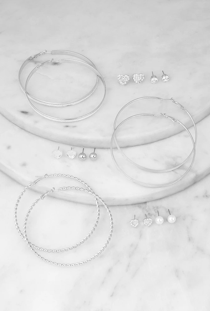 Womens Assorted Stud and Hoop Earrings Set of 9, Silver